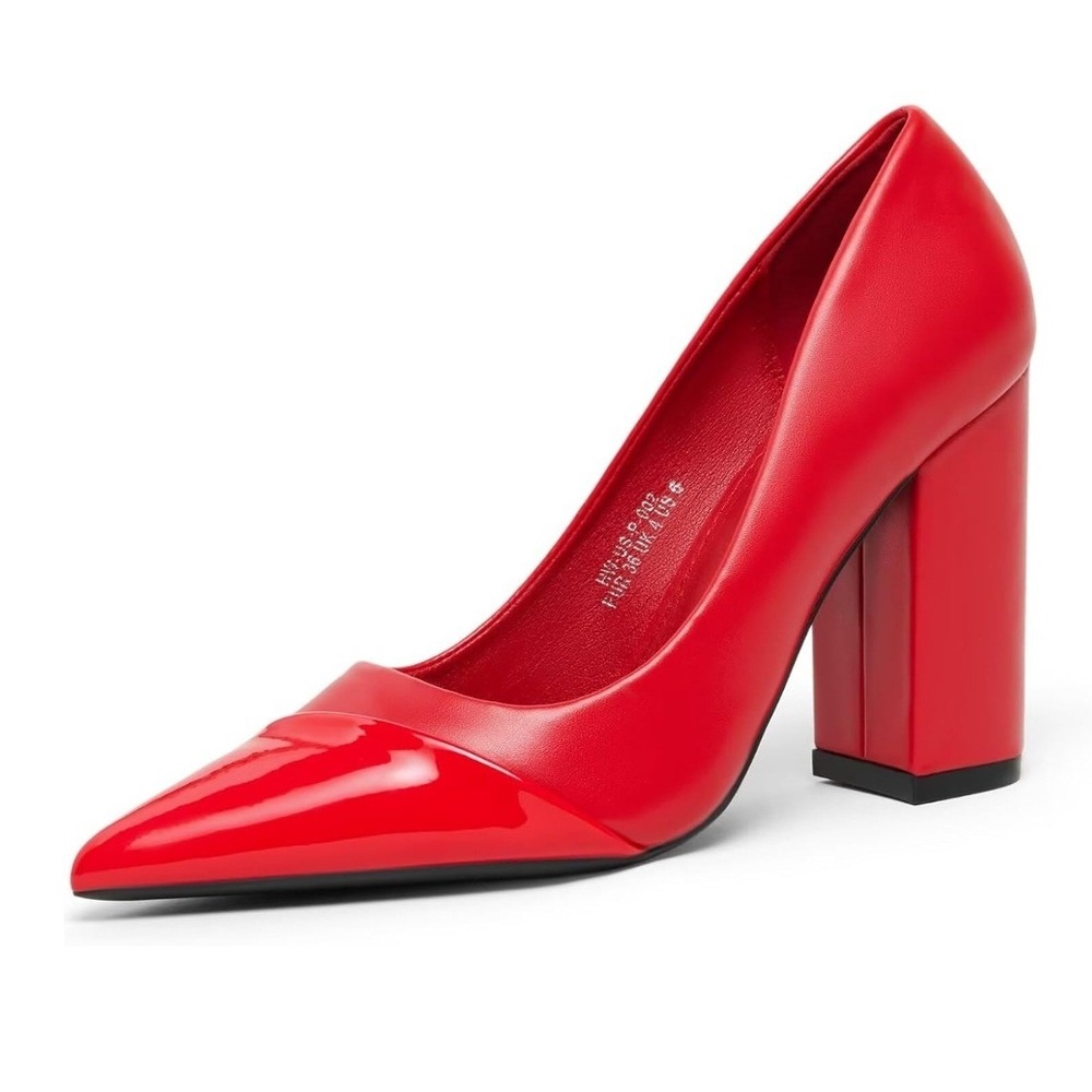 Wingswink Pumps Women 9 Red Patent Cap Toe Block Heel Modern Classic NWOT